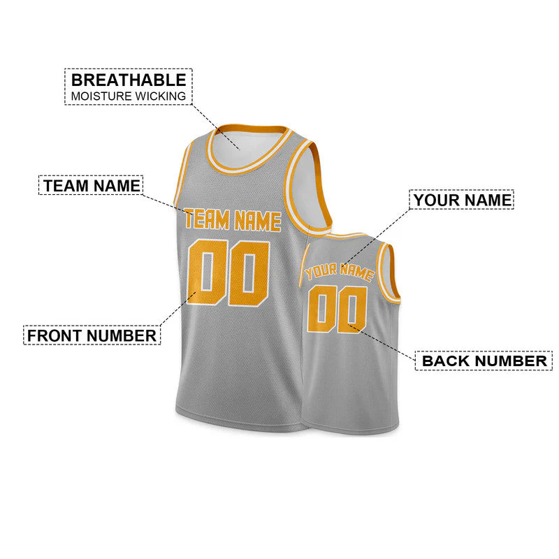 Custom Gray Gold Round Neck Rib-Knit Basketball Jersey