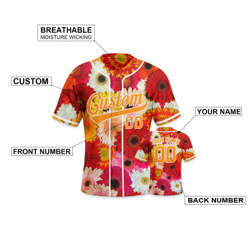 Custom Red Gold-White 3D Pattern Design Gerbera Authentic Baseball Jersey