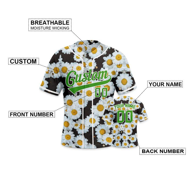 Custom Black White-Green 3D Pattern Design Daisy Authentic Baseball Jersey