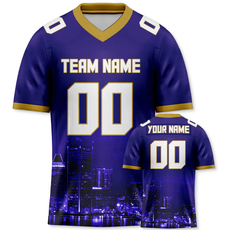 Custom 3D City Night Purple White-Gold Authentic Football Silhouette Jersey1