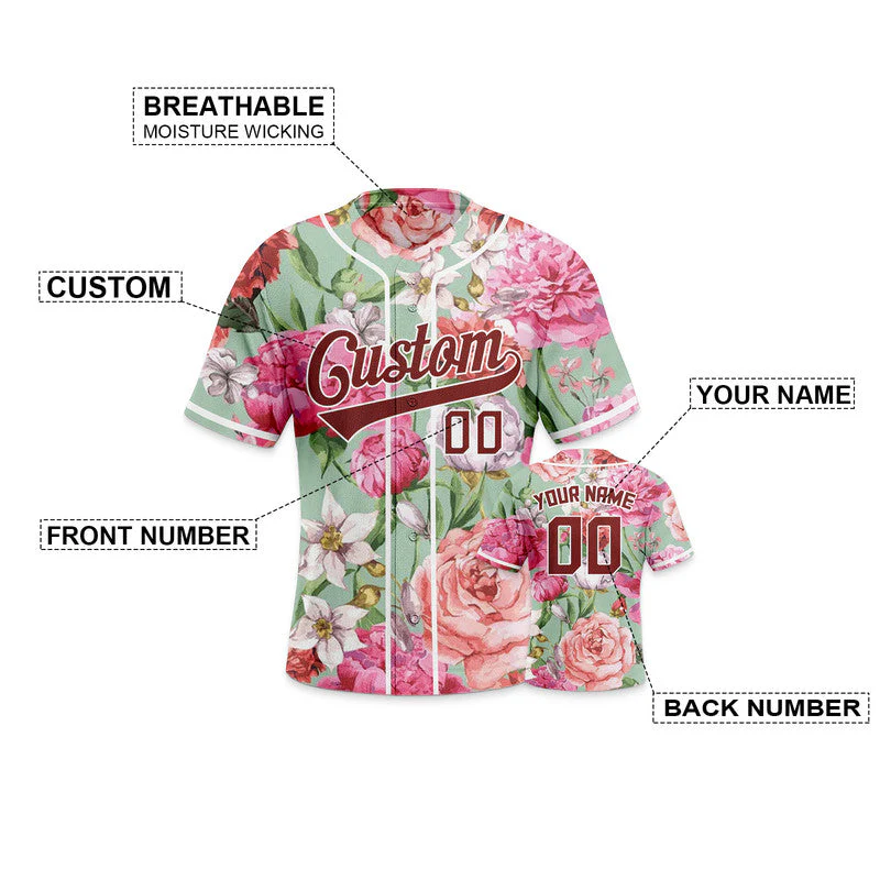 Custom Pink Crimson-White 3D Pattern Design Carnation Authentic Baseball Jersey