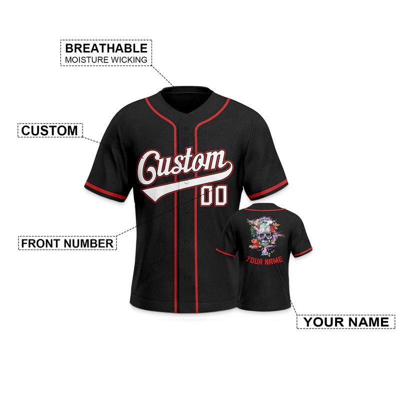 Custom Black White-Red Authentic Skull Fashion Baseball Jersey