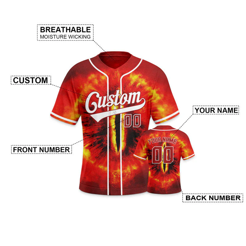 Custom Black Gold-Red 3D Pattern Design Burning Evil Eye In Space Authentic Baseball Jersey