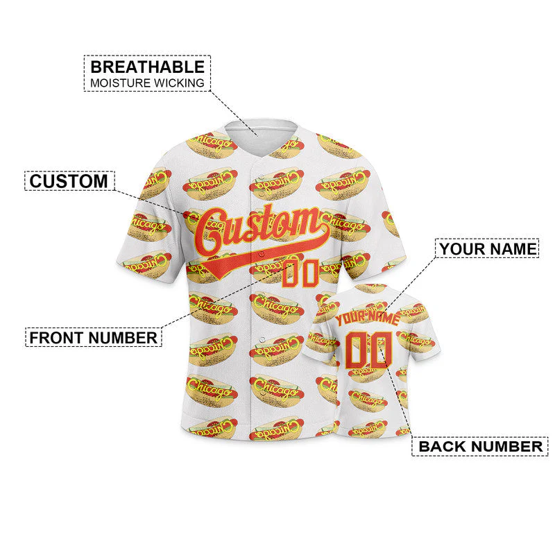 Custom Gold White-Red 3D Pattern Design  Hot dog  Authentic Baseball Jersey