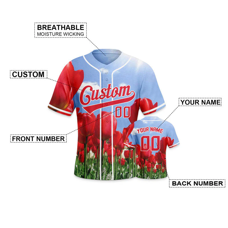 Custom Red Light Blue-White 3D Pattern Design Tulip Authentic Baseball Jersey