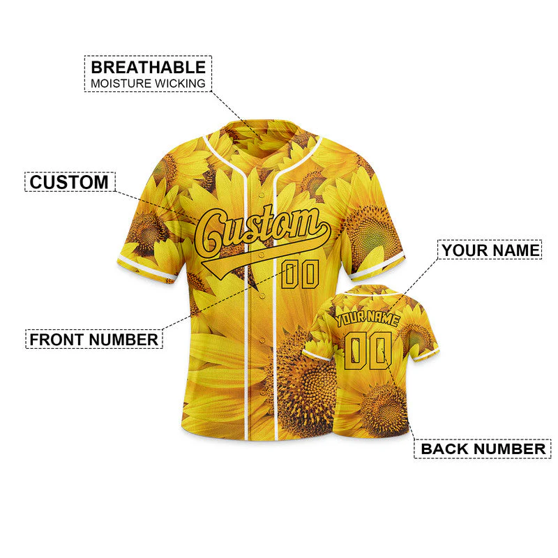 Custom Gold Black-White 3D Pattern Design Sunflower Authentic Baseball Jersey