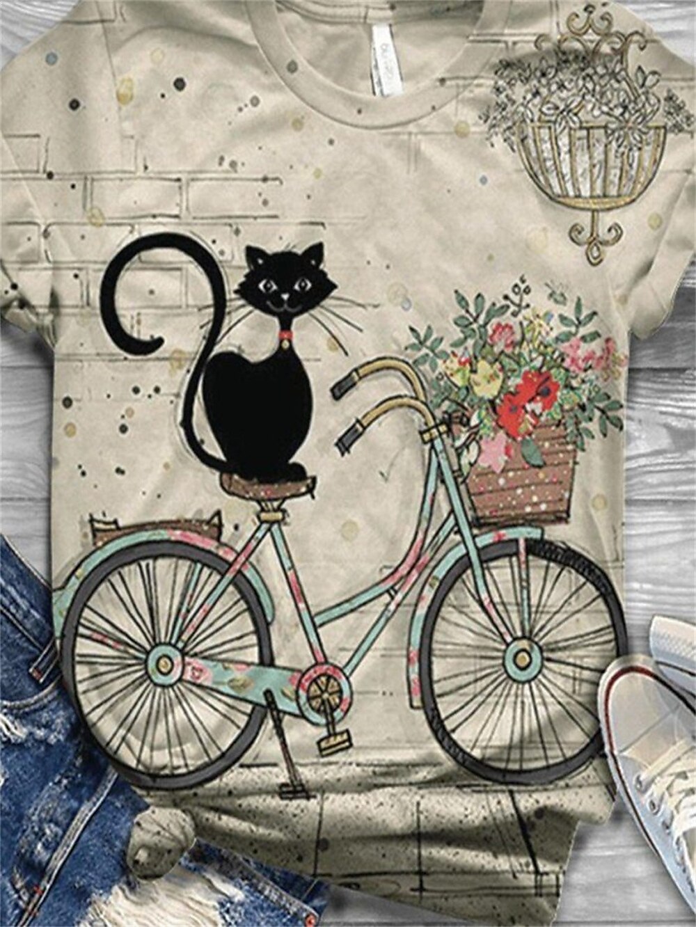 Floral Cat Print Short Sleeve Tee