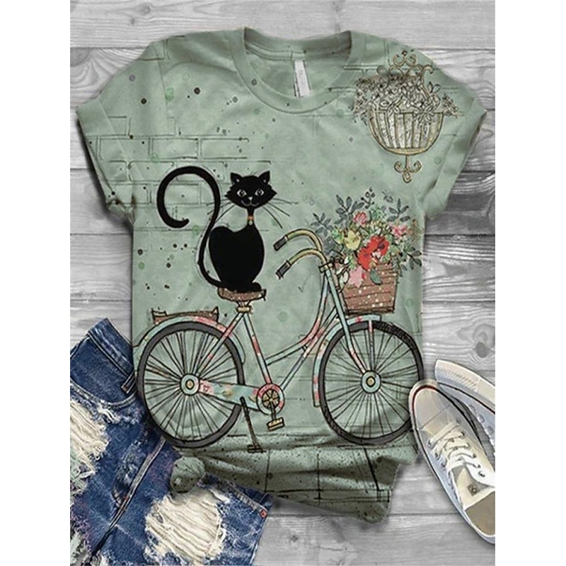 Floral Cat Print Short Sleeve Tee