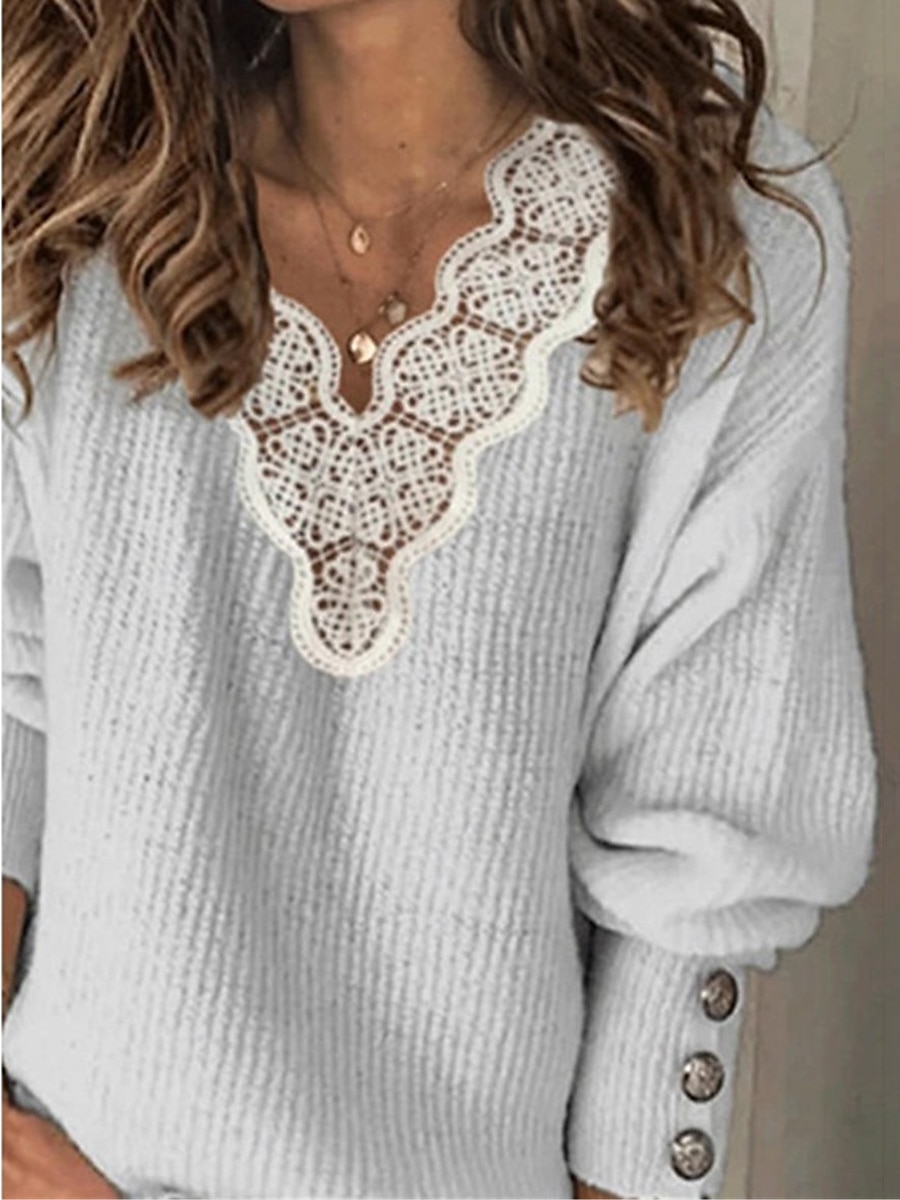 V-Neck Ribbed Knit Lace Trim Sweater Maillard White & Blue Knit