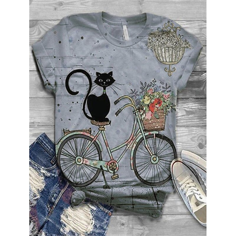 Floral Cat Print Short Sleeve Tee
